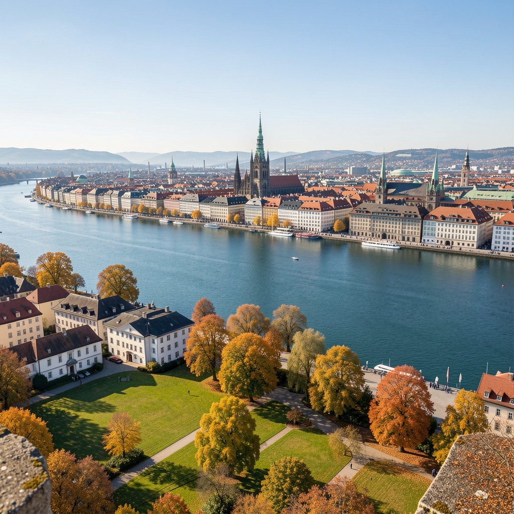 Blick auf den Zürichsee und die Altstadt von einem erhöhten Punkt, klarer Herbsttag, Grünflächen und historische Fassaden im Hintergrund