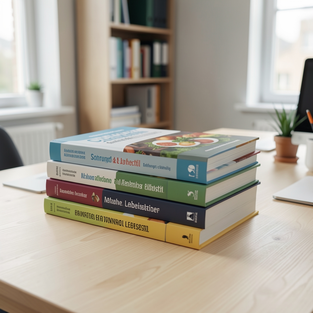 Stapel wissenschaftlicher Fachliteratur zu Ernährung und Lebensstil auf einem hellen Holztisch, redaktionelle Arbeitsumgebung
