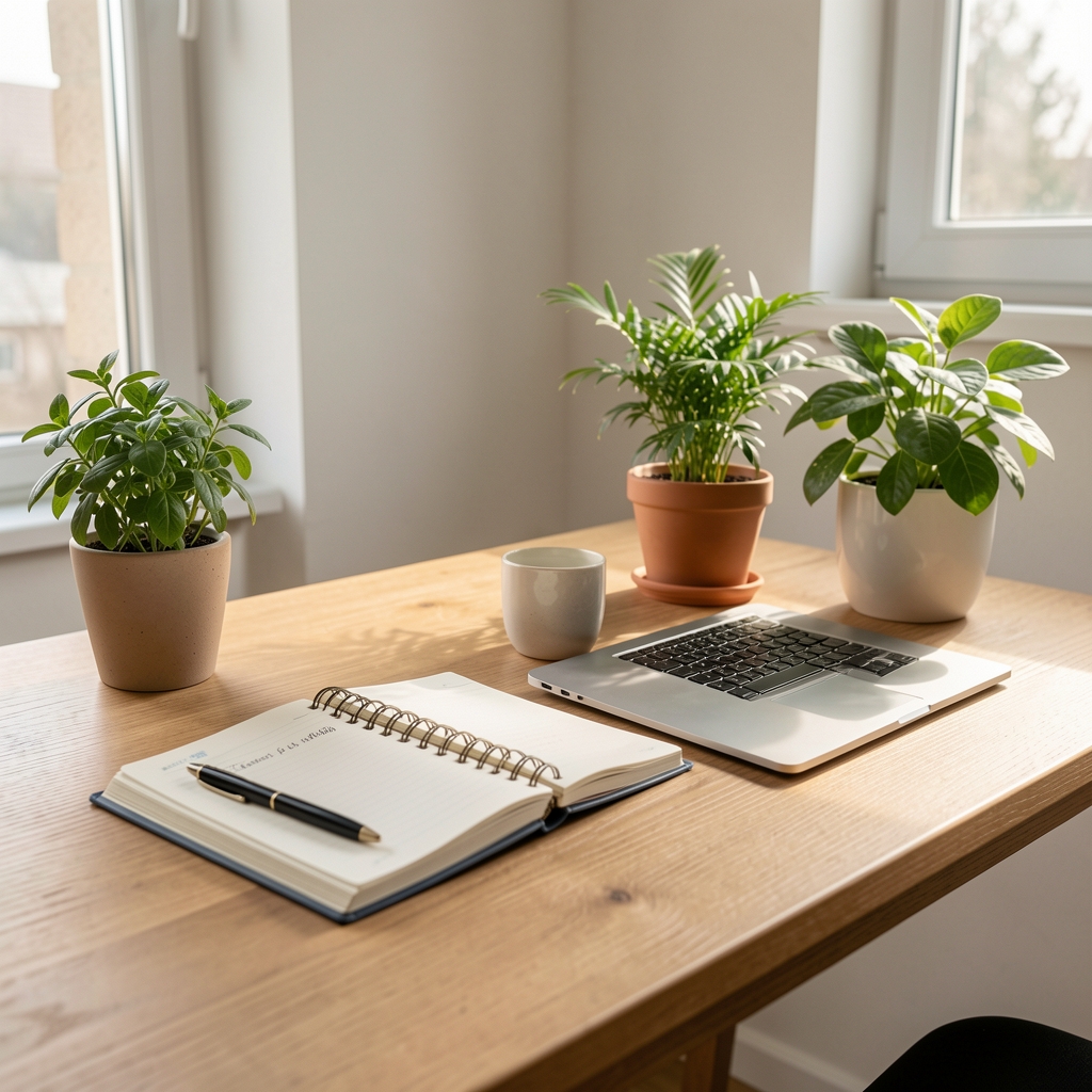 Schreibtisch mit Ernährungstagebuch, Laptop und frischen Pflanzen, ruhiger Arbeitsraum bei Tageslicht, minimalistisches Schweizer Interieur
