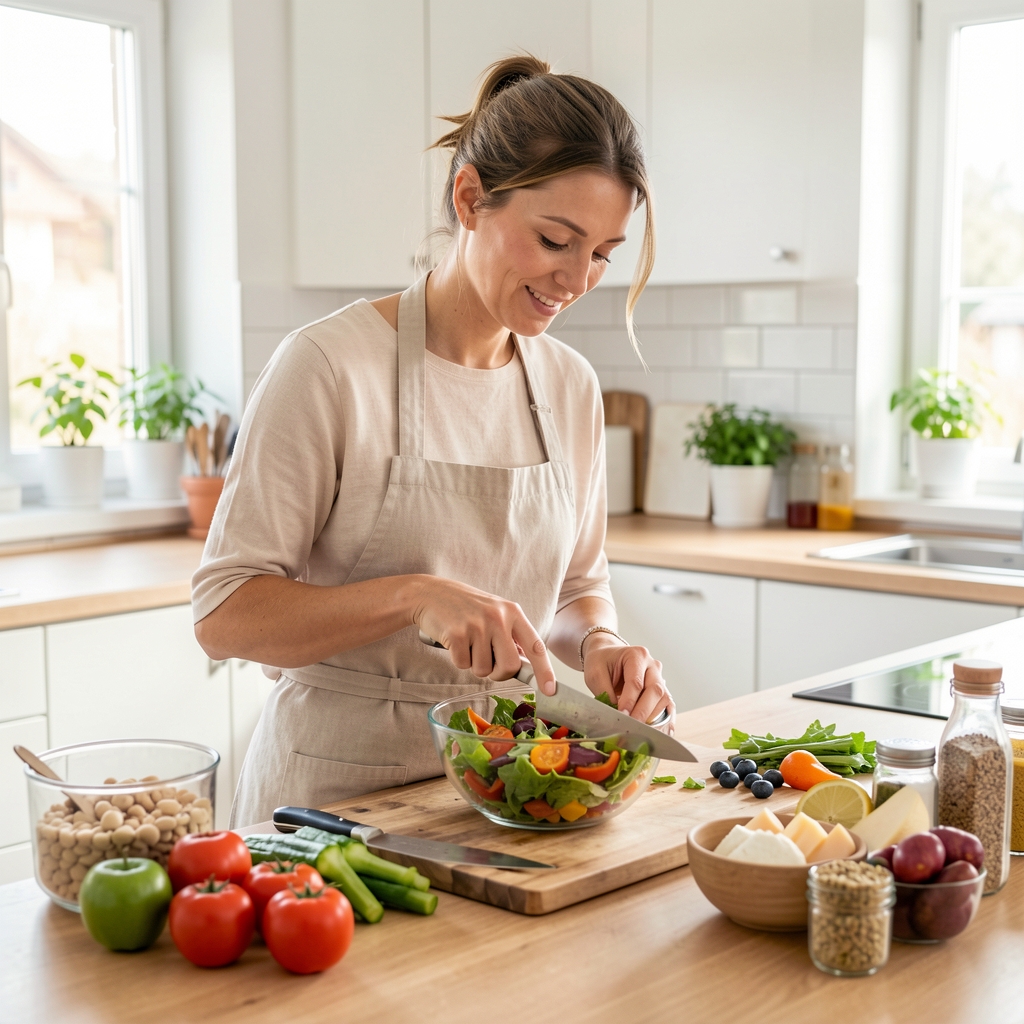 Frau bereitet einen bunten Salat in einer hellen, modernen Schweizer Küche zu – frische Zutaten, natürliche Lebensmittel, gesunde Mahlzeitenzubereitung