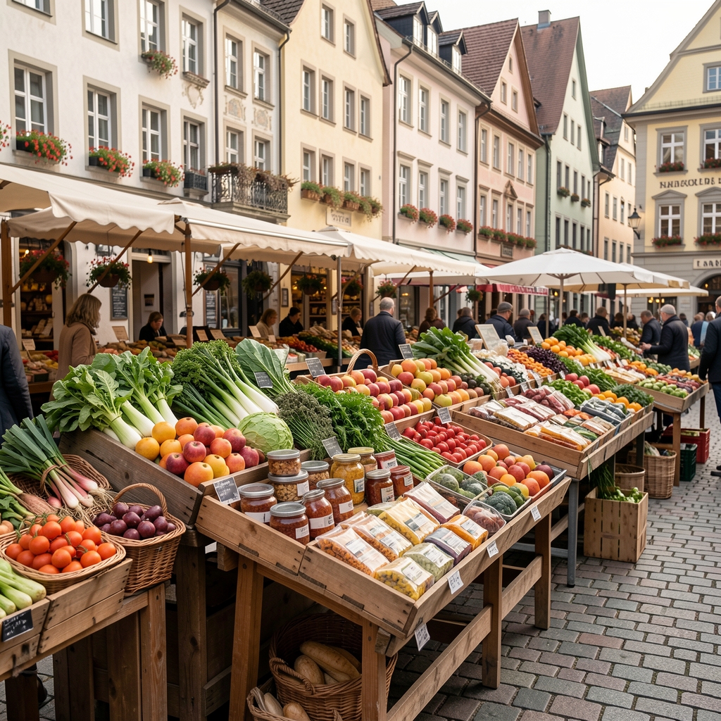 Frischer Wochenmarkt in der Zürcher Altstadt mit saisonalem Gemüse, Obst und regionalen Lebensmitteln auf Holzauslagen