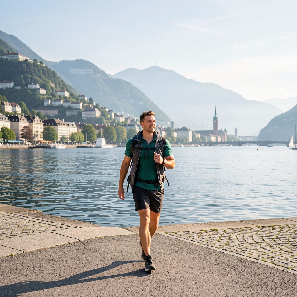 Person beim morgendlichen Spaziergang am Zürichsee bei Sonnenschein, aktiver Lebensstil und tägliche Bewegung im Alltag