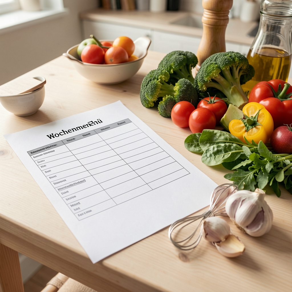 Wochenmenü-Plan auf Papier neben frischem Gemüse und Küchenzubehör auf einem hellen Holztisch, Mahlzeitenplanung im Alltag