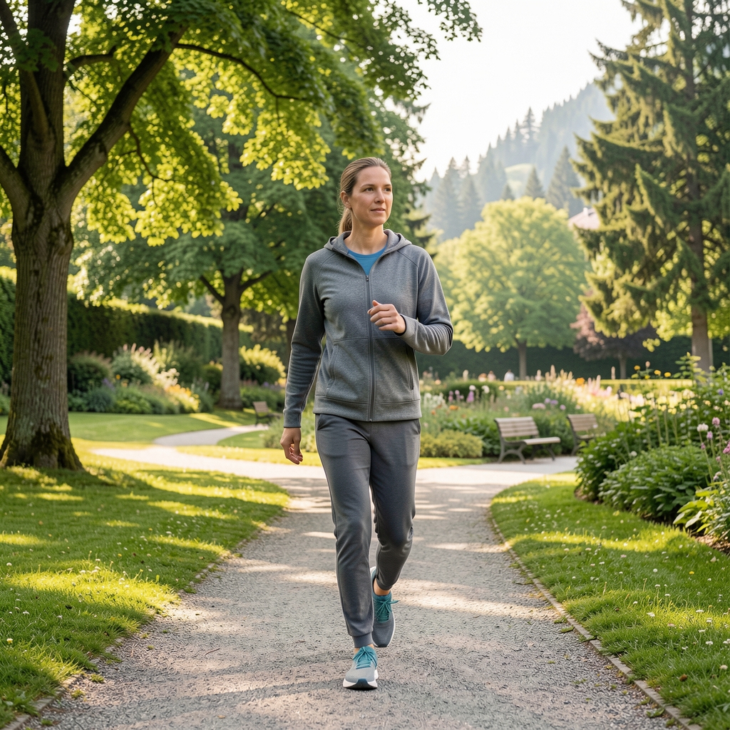 Person geht morgens im Park spazieren, aktive Bewegungsroutine, natürliches Licht, Schweizer Grünanlage im Hintergrund