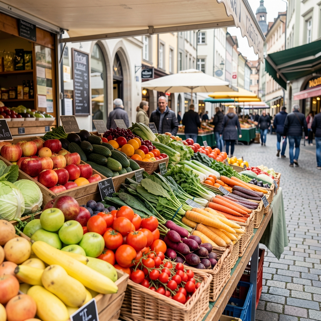 Frisches Obst und Gemüse auf einem Marktstand in der Zürcher Innenstadt, bunte saisonale Auswahl, natürliche Lebensmittel