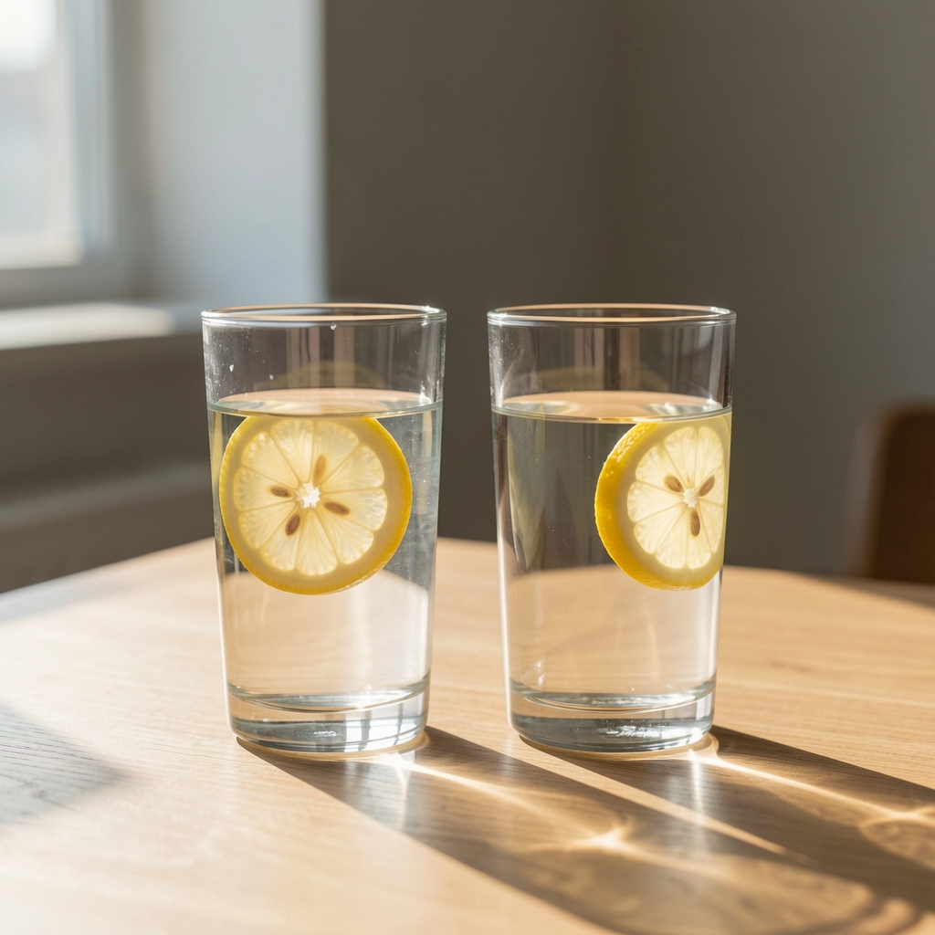 Zwei Gläser Wasser mit Zitronenscheiben auf einem Tisch im Sonnenlicht, Flüssigkeitszufuhr im Alltag, minimalistisch