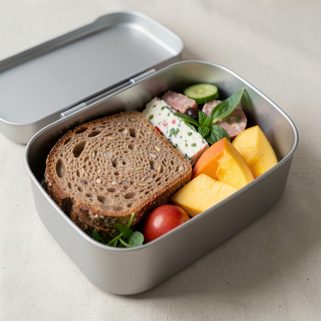 Lunchbox mit ausgewogener Mahlzeit aus Vollkornbrot, Rohkost und einem Stück Obst, vorbereitet für den Arbeitstag